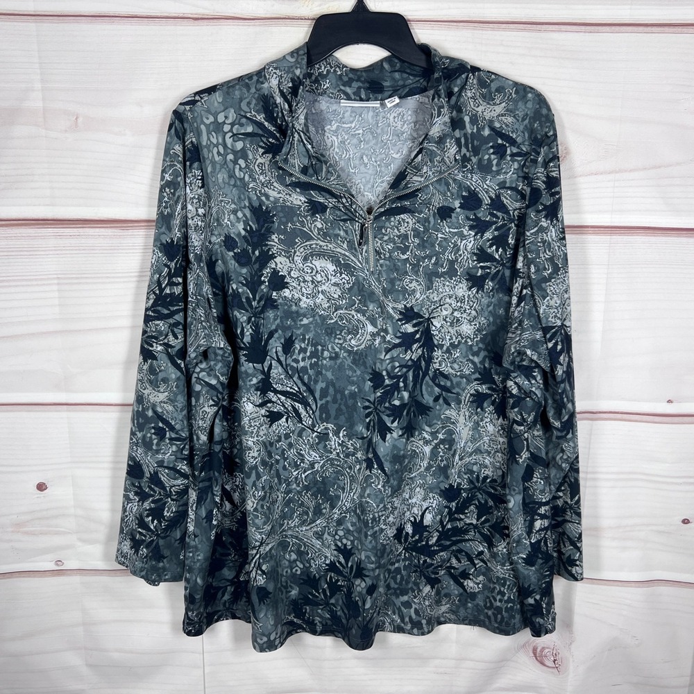 Susan Graver Top Womens 3X Gray Brushed Liquid Knit Quarter Zip Floral Paisley